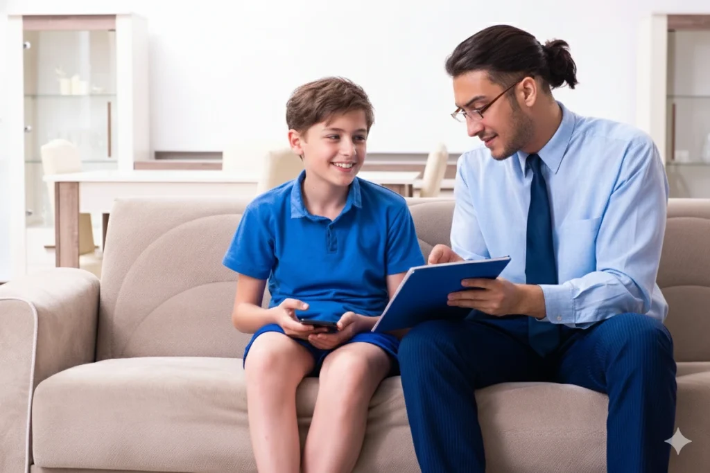 Adolescent Depression Psychiatrist Sugar Land: mentor reviews plan with boy on couch, using clipboard to guide healthy coping and education.