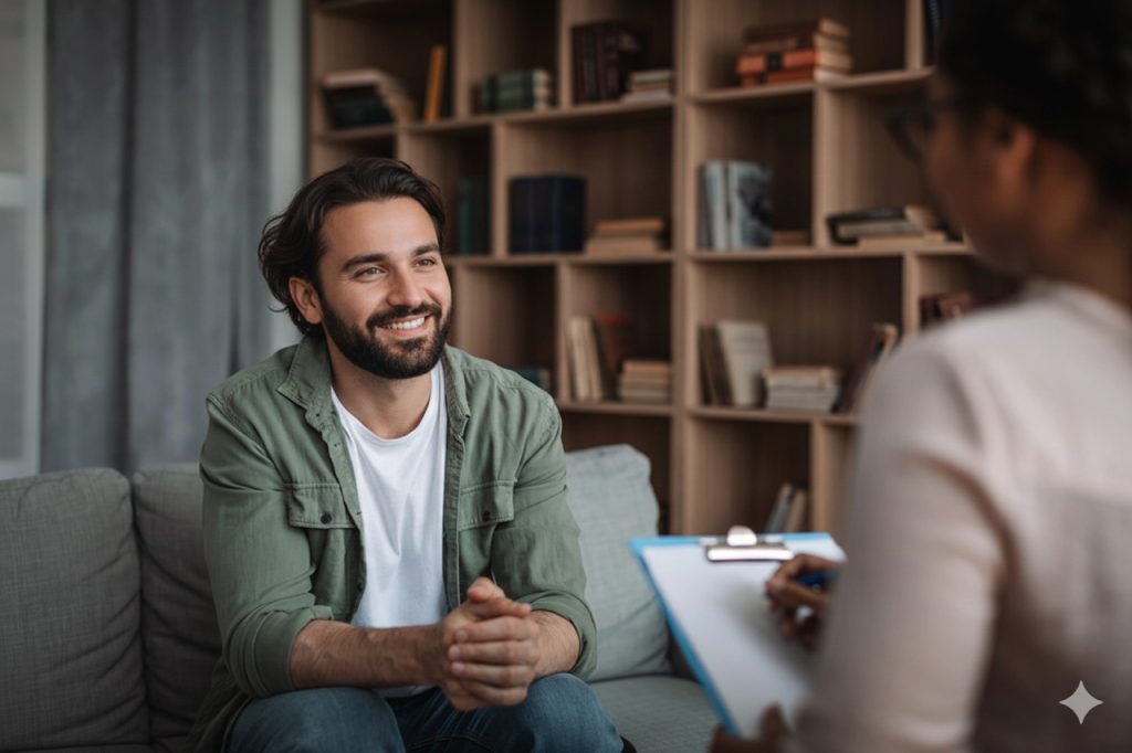 Male client in ADHD treatment Sugar Land talking with therapist in calm office, exploring strategies to manage symptoms and stress.