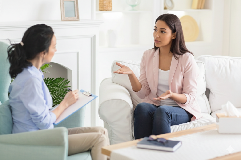 Supportive ADHD treatment Sugar Land session with woman speaking to therapist, focusing on coping skills and emotional wellbeing.