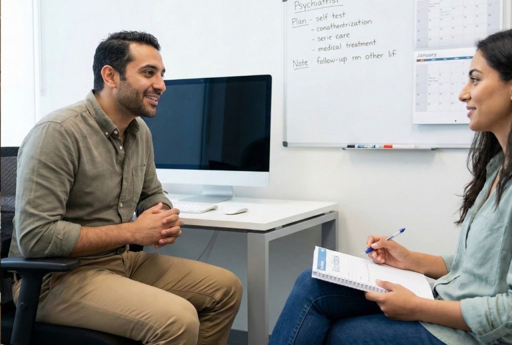 A man and a woman sit at a desk with a whiteboard, a typical scene during a therapy session with an ADHD psychiatrist in Sugar Land.