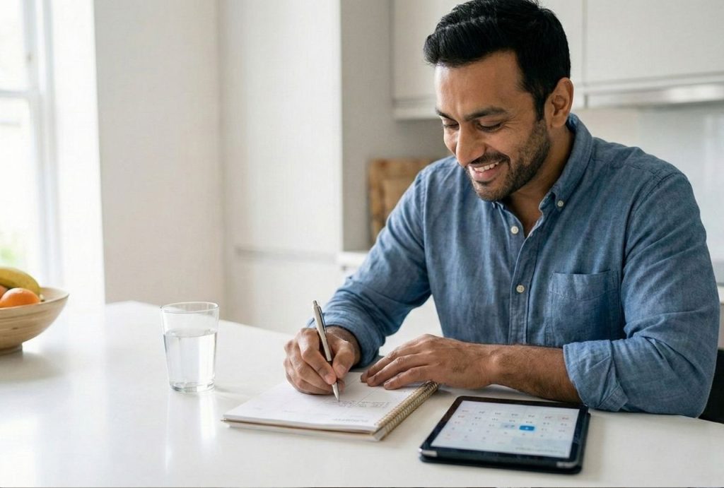 A man sits at a kitchen counter, writing in a planner next to a tablet, actively managing his ADHD treatment plan in Sugar Land.