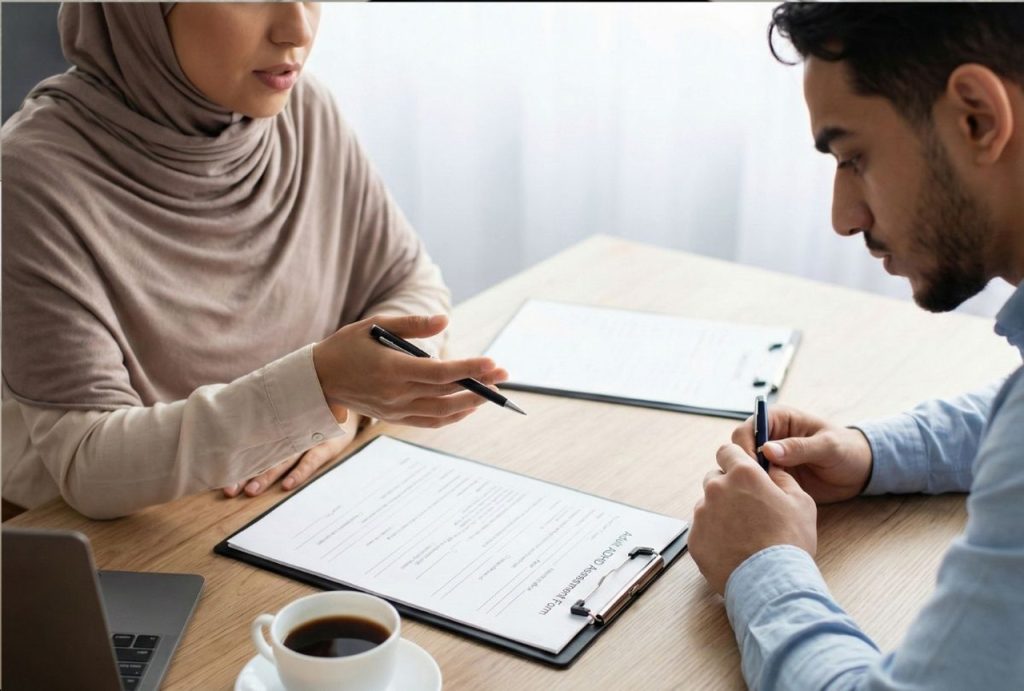 A professional woman in a hijab discusses documents with a man, illustrating a consultation with an ADHD psychiatrist in Sugar Land.