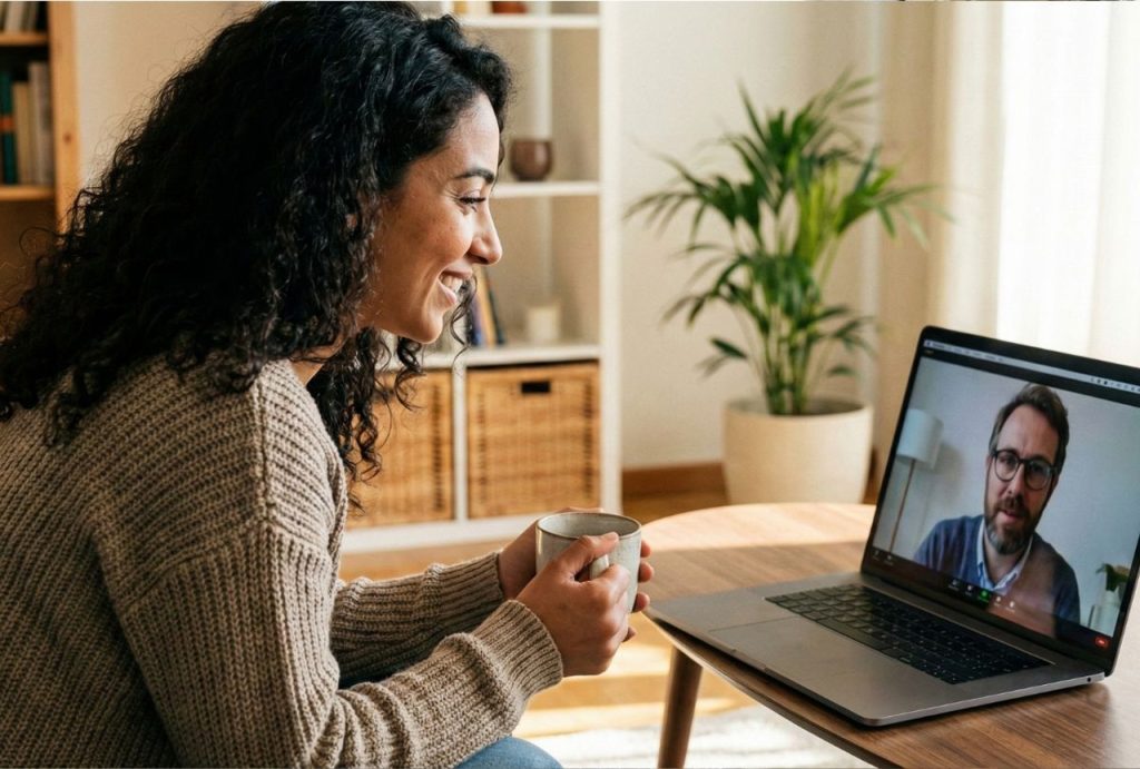 A woman smiles while holding a mug during a telehealth video call, illustrating convenient online ADHD treatment access in Sugar Land.