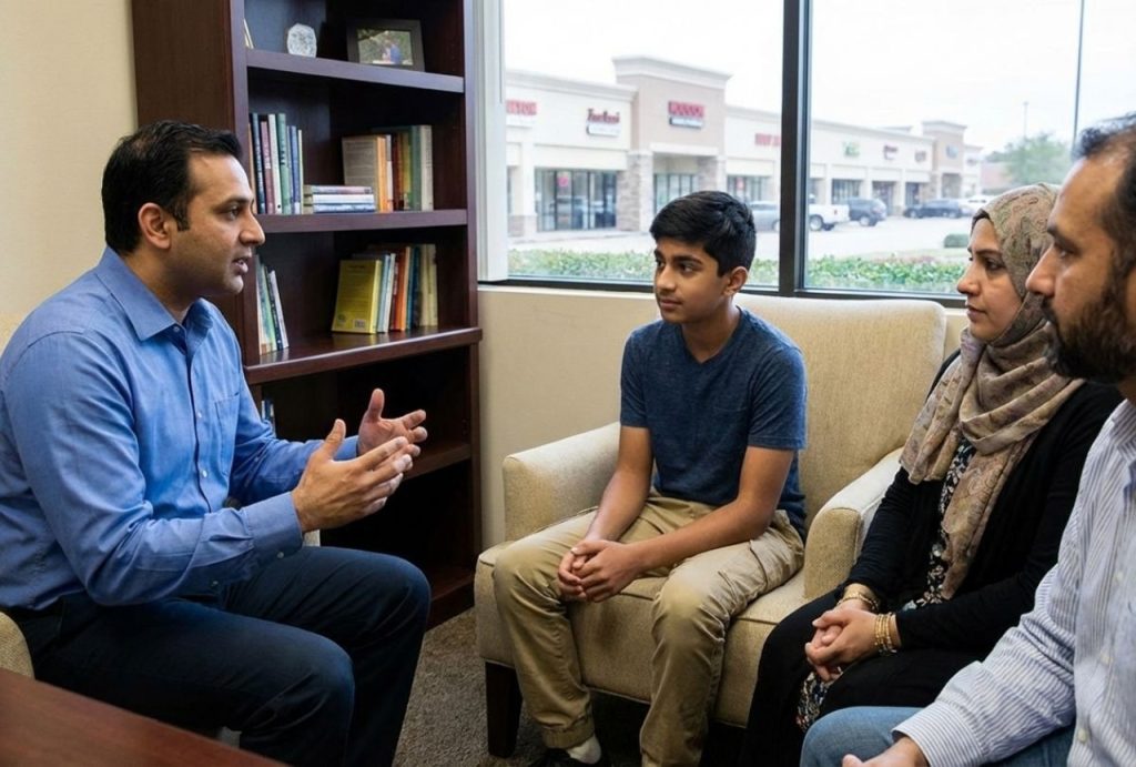 Compassionate psychiatrist discussing what support works for teenagers struggling with sadness? Family therapy session with teen boy and parents in office.