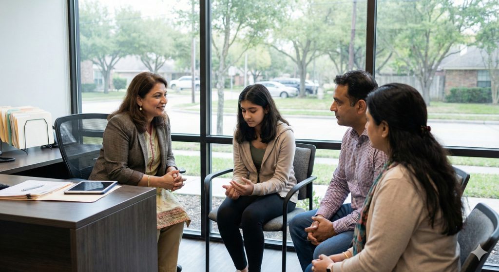 Supportive family counseling session providing adolescent depression help Sugar Land – caring therapist engaging teen girl and parents in empathetic discussion.