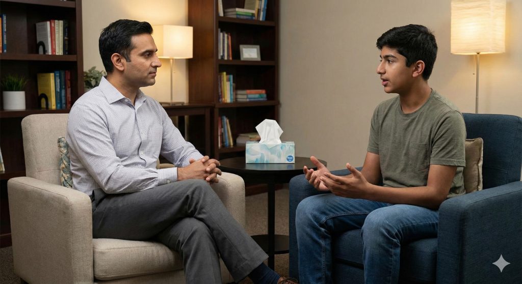 Teen boy sharing in private therapy – effective adolescent depression help Sugar Land with attentive counselor in cozy office setting for emotional support.