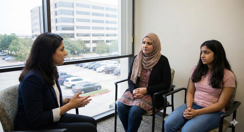Therapist offering guidance to teen girl and mother – trusted adolescent depression help Sugar Land in comfortable, confidential group mental health conversation.