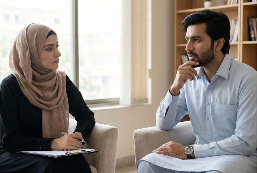 A female psychiatrist and male patient in a serious, focused consultation in a Sugar Land office, discussing depression medication options.