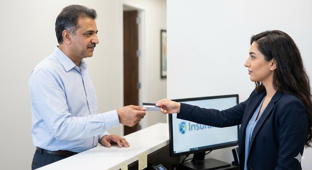 A man uses a credit card at a clinic reception, psychiatrist in sugar land with insurance.