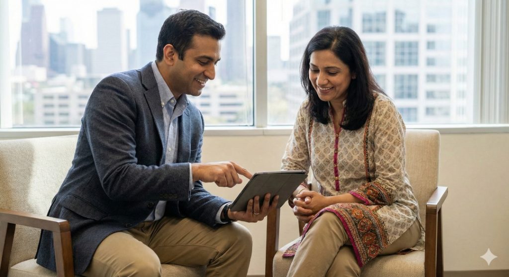 An adhd doctor Sugar Land in a suit smiles while sharing tablet results with a patient by a large office window.