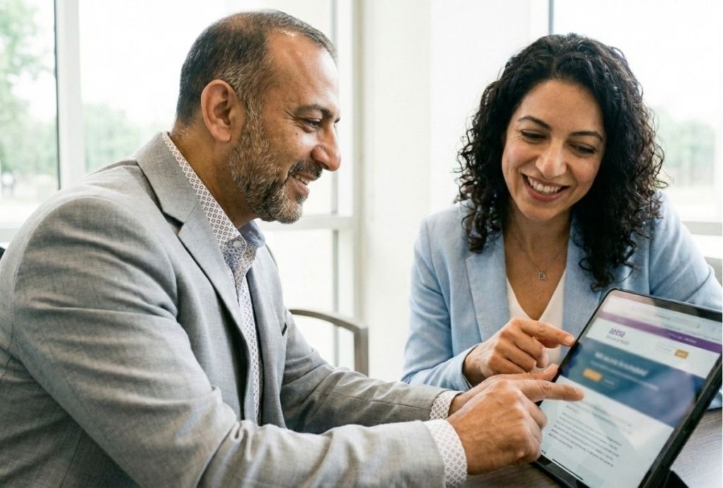 A female Aetna psychiatrist Sugar Land and male patient look at coverage details on a tablet.