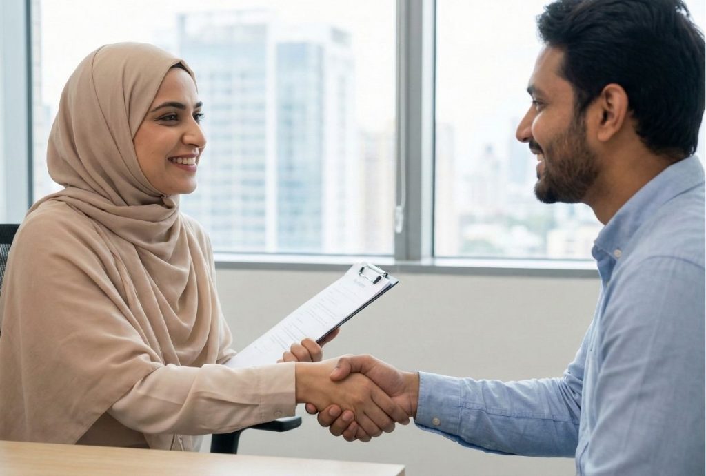 A female psychiatrist and a male patient shake hands with a smile during an initial consultation about depression medication in Sugar Land.