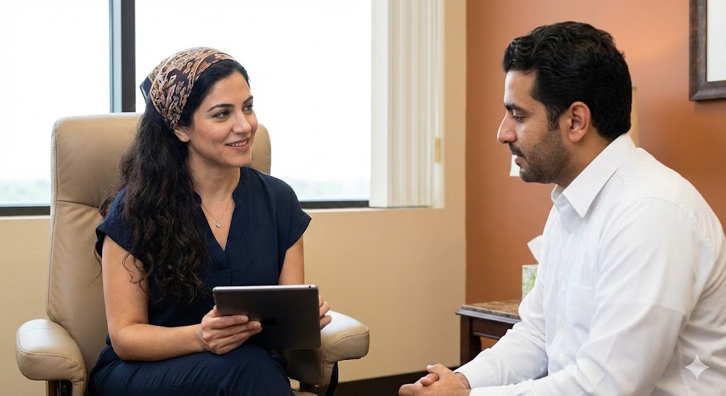 Female psychiatrist in a clinic talking about insurance with a patient, psychiatrist in sugar land with insurance.