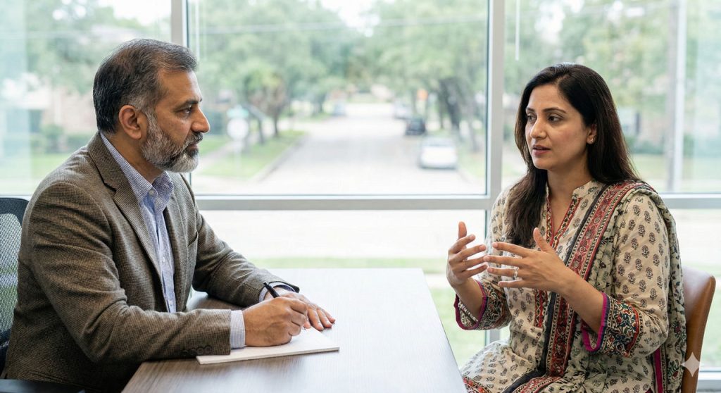 A male adhd doctor Sugar Land in a detailed consultation with a female patient in a professional office setting.