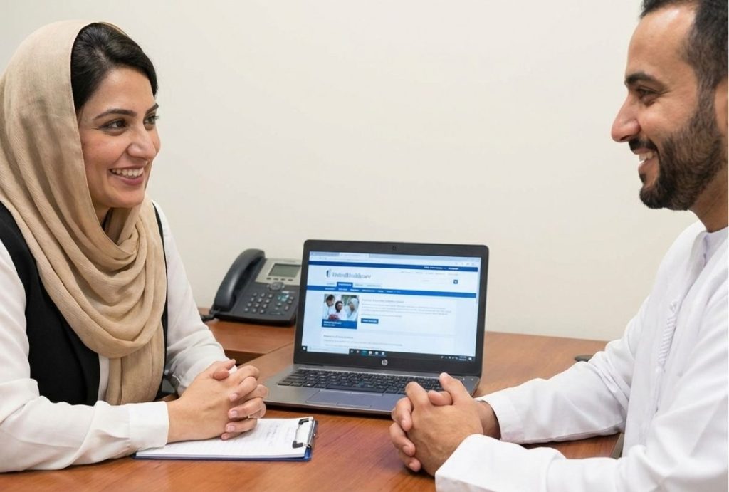 Smiling Middle Eastern doctor and patient discussing UnitedHealthcare depression coverage in a clinic.