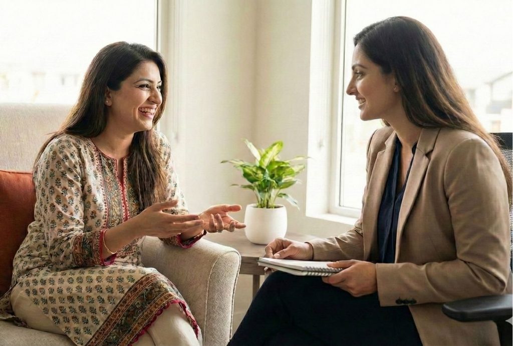A woman of Pakistani descent laughs while talking to a female psychiatrist in an office, illustrating a positive anxiety treatment session in Sugar Land.