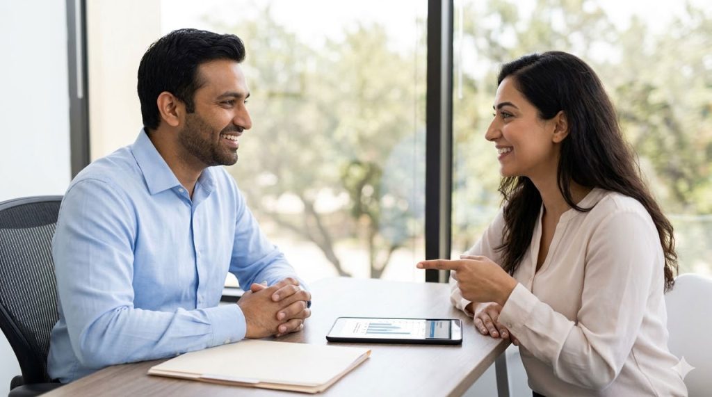 An insomnia psychiatrist sugar land consulting a smiling patient about successful treatment in a modern office.