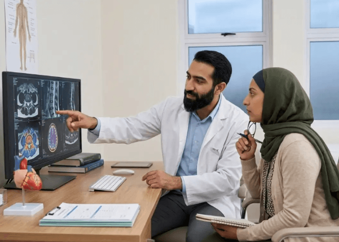 Chronic pain psychiatrists in sugar land analyze spinal scans with a patient, explaining the findings clearly.