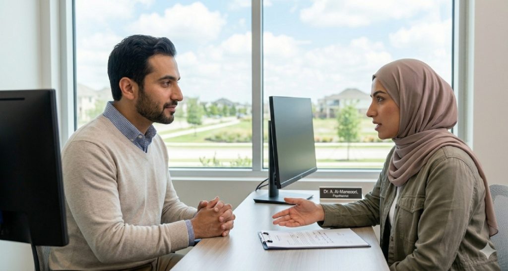 Consultation with a cigna insurance psychiatrist sugar land regarding mental health, featuring a and a doctor in a hijab.
