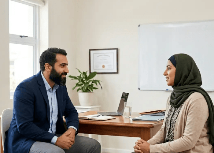 Discussion in an office between a professional and a patient about care from chronic pain psychiatrists in sugar land.