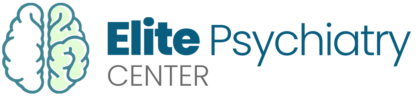 Elite Psychiatry Center Logo featuring a stylized teal and light green brain illustration next to the company name and "CENTER" in gray text.