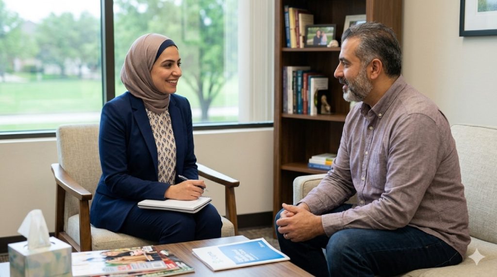 A friendly session between a cigna insurance psychiatrist sugar land in a hijab and her patient in a cozy office setting.