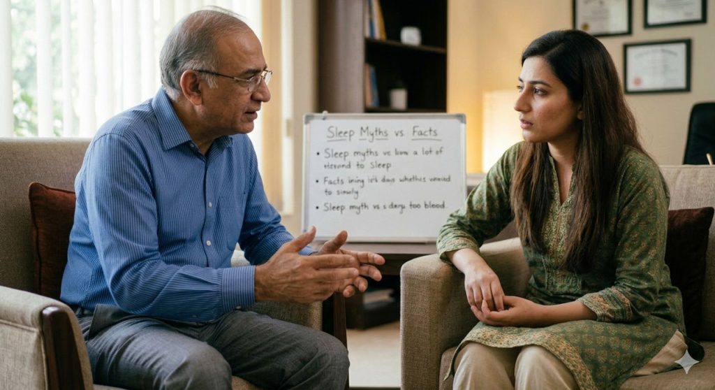 An insomnia psychiatrist in Sugar Land educates a patient on "Sleep Myths vs. Facts" during a treatment session.