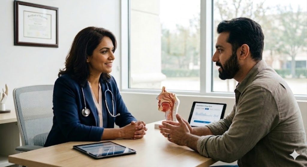 Medical professional providing expert sleep disorder treatment Sugar Land during a consultation with a male patient.