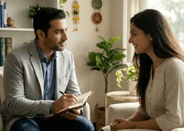 A patient and a male psychiatrist in a blazer sit and talk, showing the personal care from chronic pain psychiatrists in sugar land.