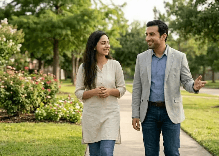 A patient in a park converses with a professional, a depiction of access to chronic pain psychiatrists in sugar land.