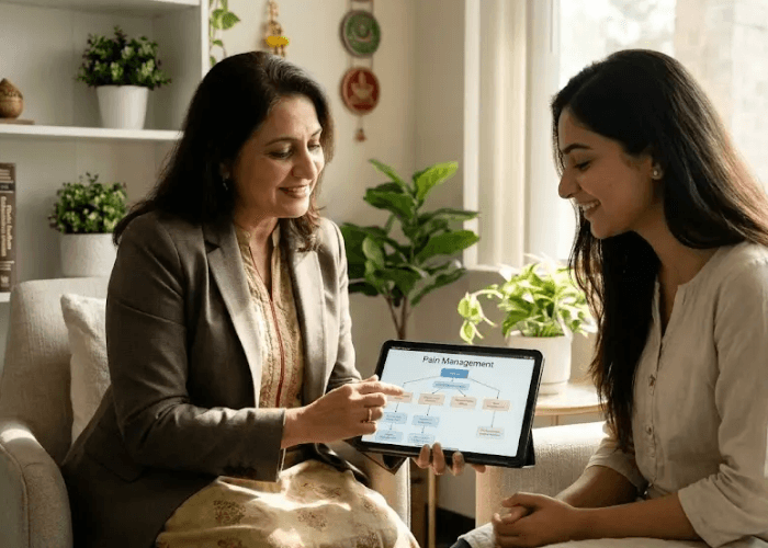 A patient learns about treatment options on a tablet during a consult with female chronic pain psychiatrists in sugar land.