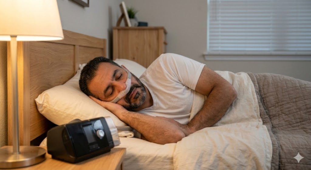 Patient resting comfortably with CPAP therapy, a key part of modern sleep disorder treatment Sugar Land solutions.