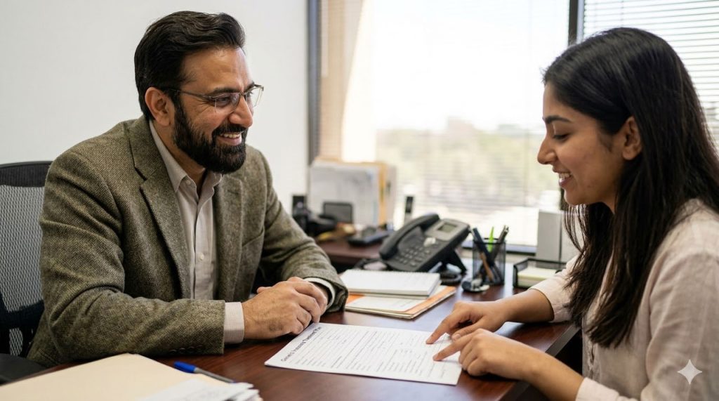 A candid photo of a happy psychiatrist and a young woman discussing insomnia treatment in a sunlit Sugar Land office.
