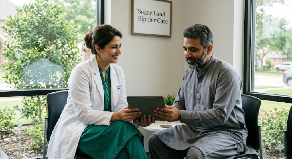 Psychiatrist in an green dress showing a patient a care plan on a tablet for cooperative bipolar treatment Sugar Land.