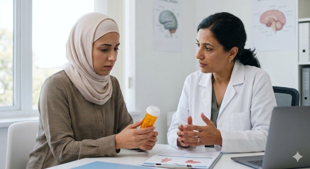 Psychiatrist in white coat counseling a patient about her medications for effective bipolar treatment Sugar Land.