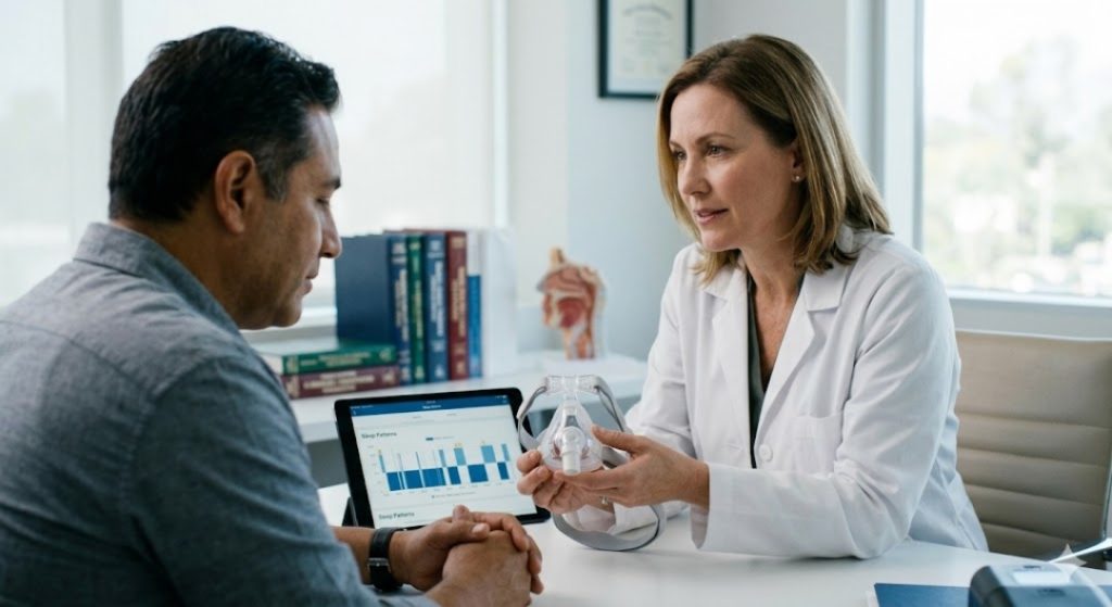 Specialist demonstrating CPAP mask usage as part of professional sleep disorder treatment Sugar Land for patients.