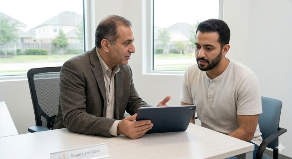 Specialist in bipolar treatment Sugar Land reviews personalized care data on a tablet during a clinic appointment with a man.