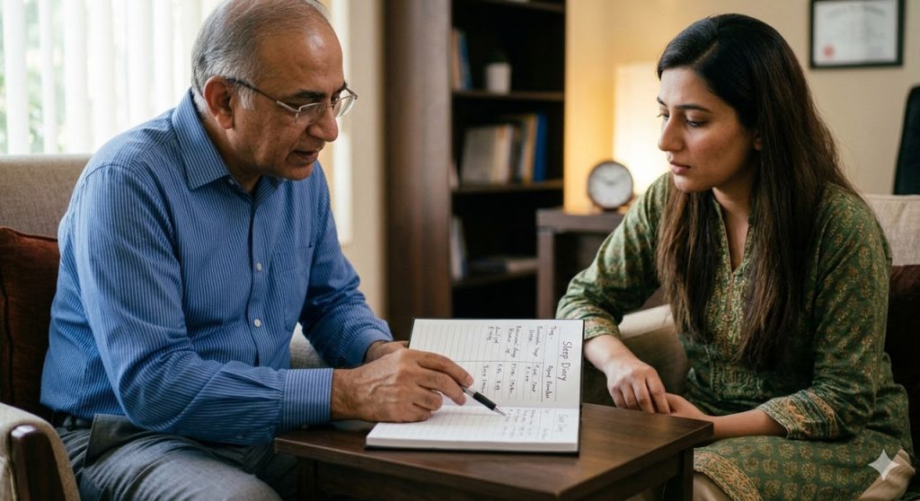 A Sugar Land insomnia psychiatrist discusses a detailed "Sleep Diary" with a patient to analyze their sleep issues.