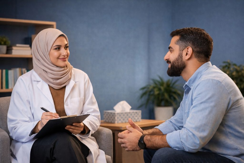 A therapy conversation with a cigna insurance psychiatrist sugar land taking notes, providing specialized mental healthcare for patients.