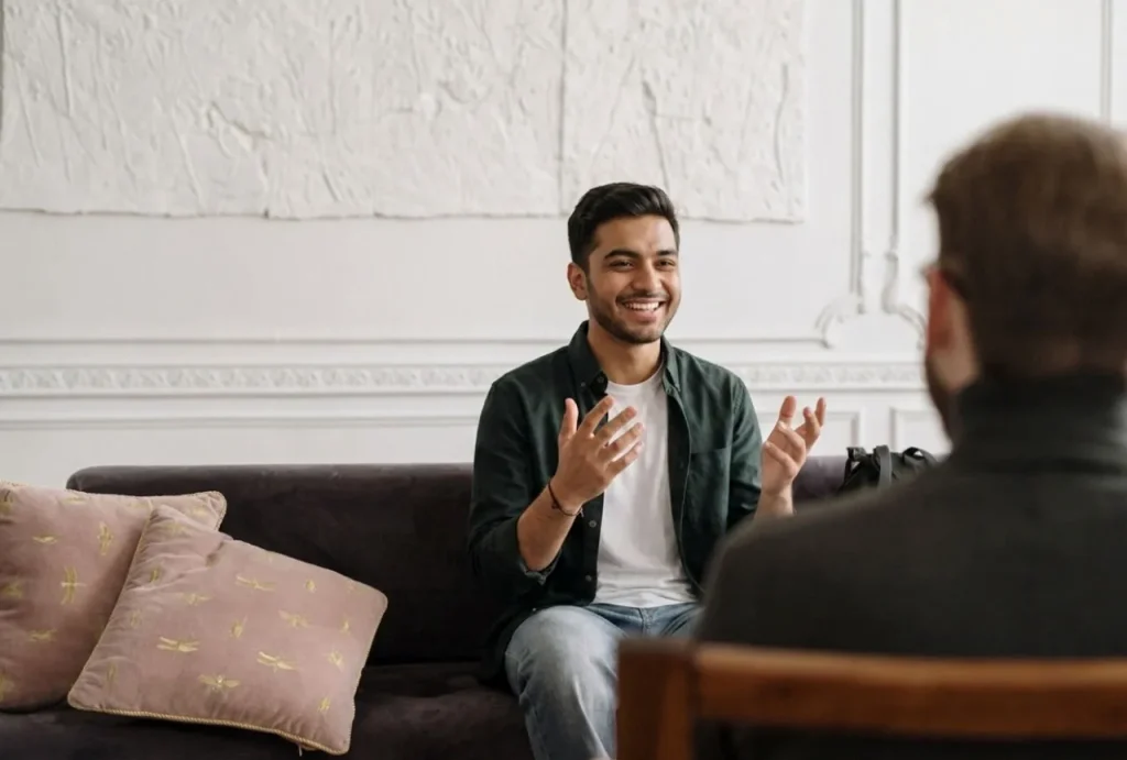 Smiling man on couch, gesturing while speaking with a professional about anxiety treatment sugar land counseling.