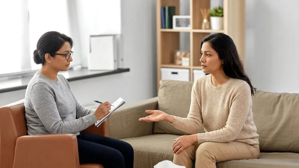 A compassionate therapist listens to a patient in a comfortable office, representing bipolar psychiatry sugar land.