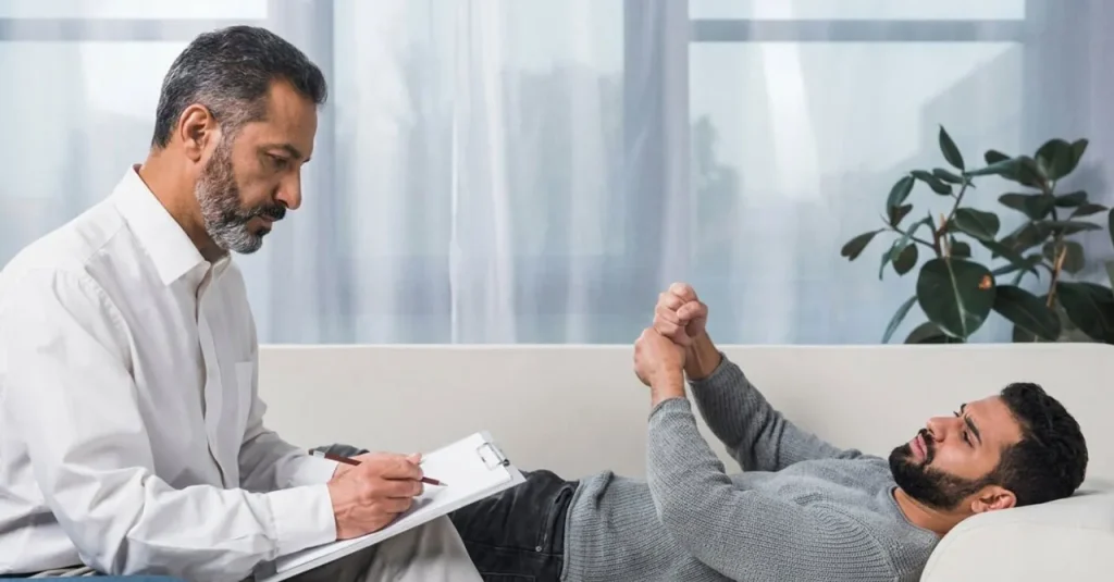 A doctor takes notes during an open and supportive patient discussion focused on bipolar psychiatry sugar land care.