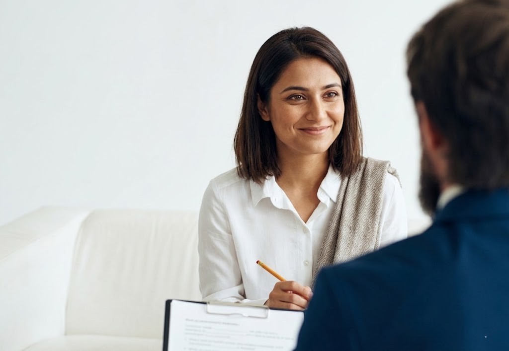 Friendly female therapist with clipboard conducting a counseling session at an office of anxiety doctors sugar land.