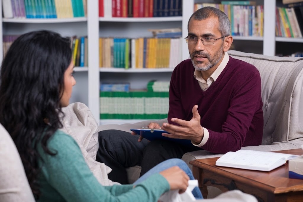 Male Anthem insurance psychiatrist in Sugar Land gestures while speaking with a woman during a therapy appointment.