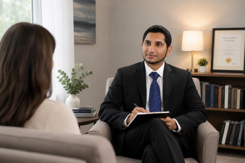 A compassionate therapist in a suit taking notes during an adhd treatment sugar land session with a client.