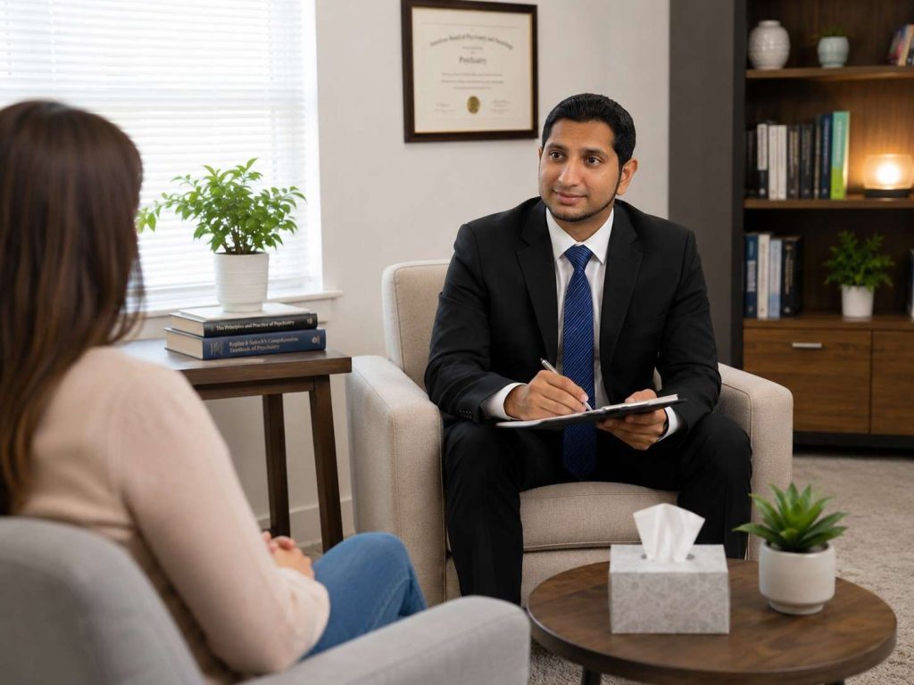The consultation room showing the therapist and client, tissue box, and plants, during an adhd treatment sugar land session.