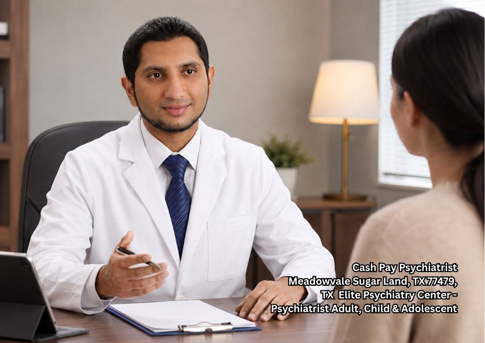 Doctor discussing ADHD treatment timeline with patient, cash pay psychiatrist Sugar Land care for adults and teens