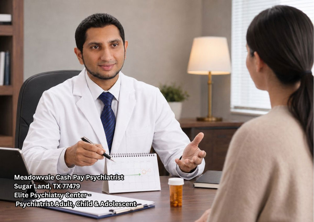 Doctor explaining ADHD medication plan and follow-up care, cash pay psychiatrist Sugar Land consultation for adults