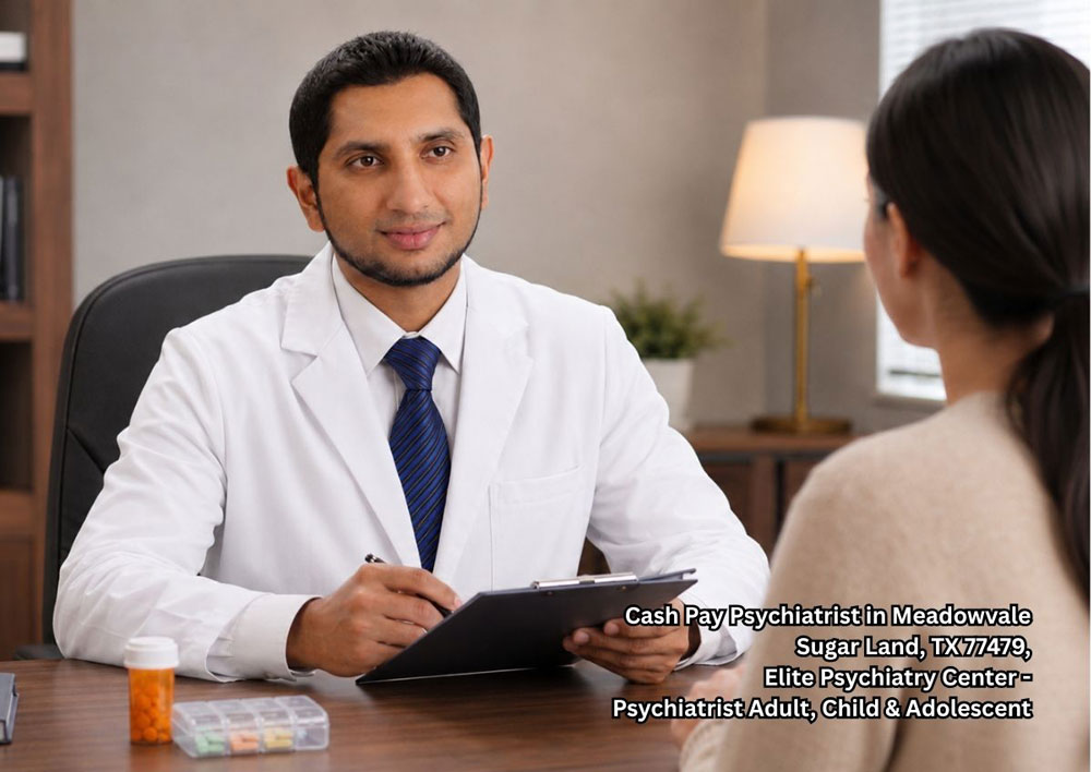 Psychiatrist reviewing ADHD medication progress with patient, cash pay psychiatrist Sugar Land treatment visit