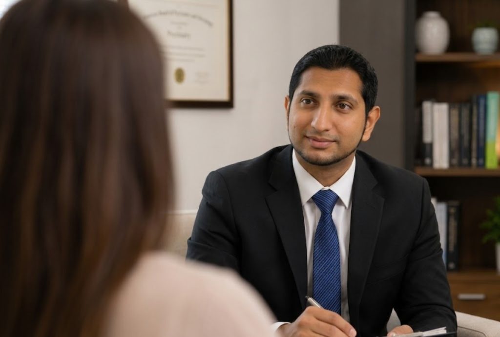 Same psychiatrist listening in his well-appointed office with bookshelves and a lamp for adhd treatment sugar land.